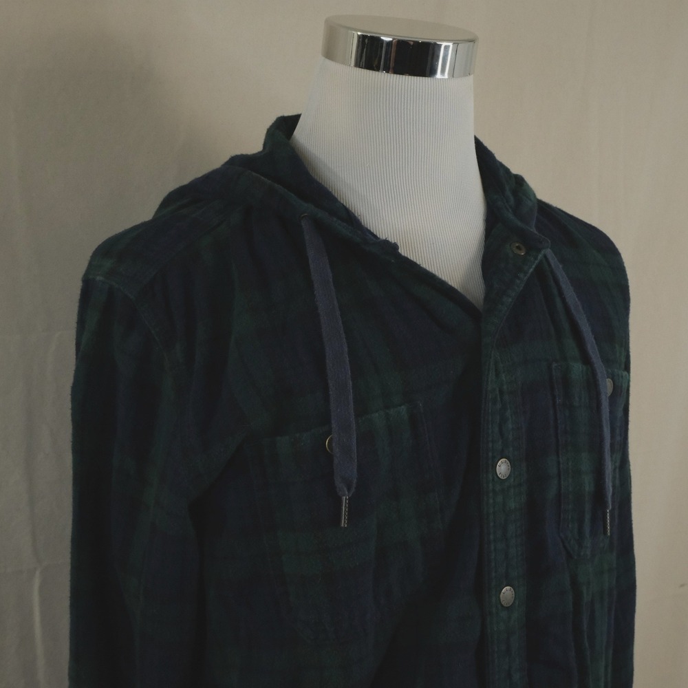 LL Bean Medium Slightly Fitted Snap Front Hooded Flannel Shirt Green Blue Plaid